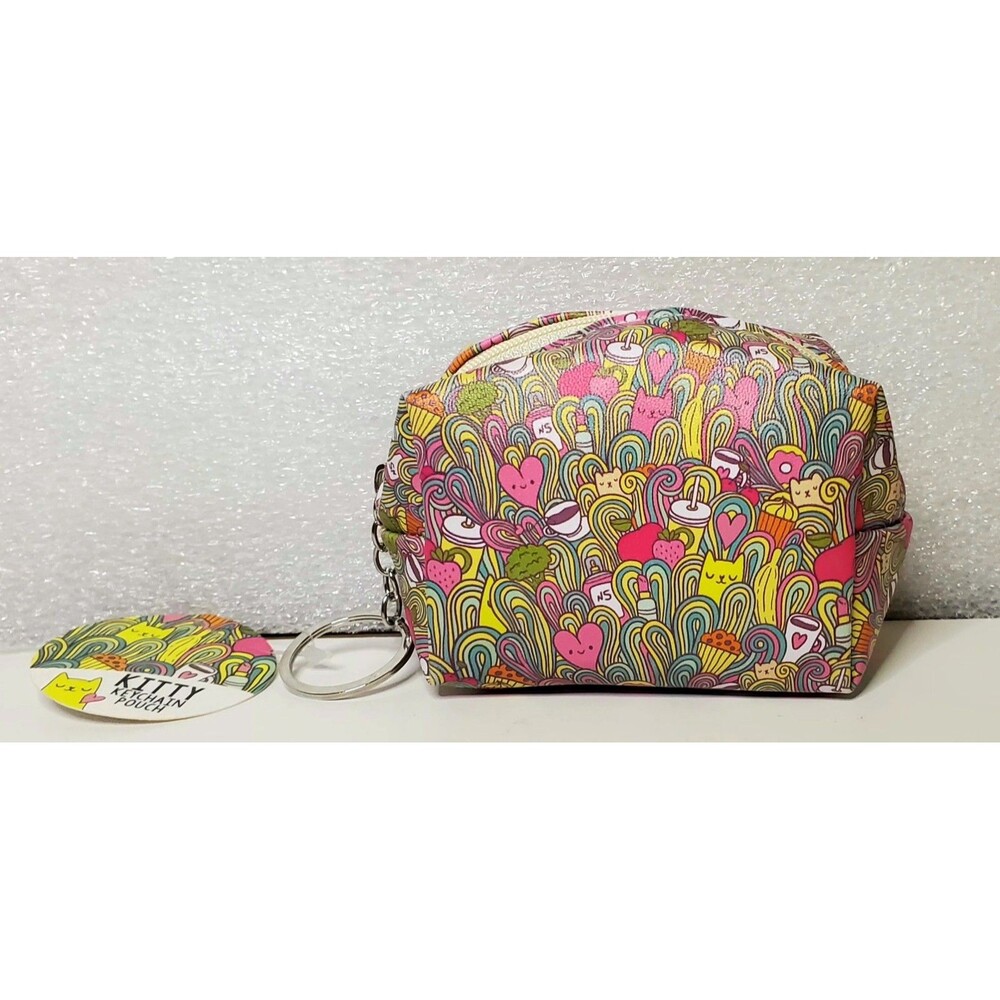 Cat Lady Box Kitty Keychain Pouch Bag Charm Coin Purse Zip Top Doodle NWT